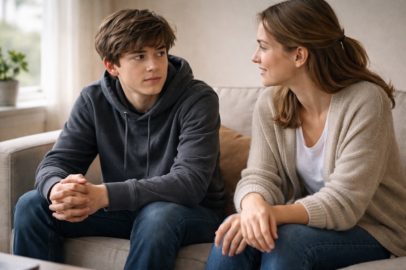 conversation-soutien-jeune-aidant Deux personnes assises côte à côte dans un environnement chaleureux, échangeant calmement, posture ouverte et attentive, illustrant une conversation de soutien dans un climat de sécurité et d’écoute.