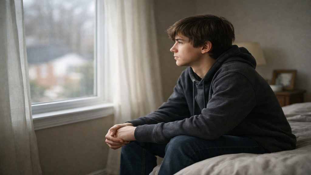 Jeune proche aidant assis sur son lit, regardant par la fenêtre avec une expression réfléchie et chargée d’émotions, lumière naturelle douce entrant dans la pièce, ambiance calme et introspective.
