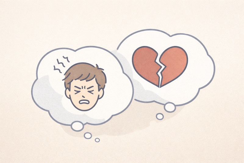 cycle-emotionnel-jeune-aidant Illustration de deux bulles de pensée superposées : l’une avec un visage tendu exprimant la frustration, l’autre avec un cœur fissuré symbolisant la culpabilité, représentant le cycle émotionnel interne d’un jeune proche aidant.