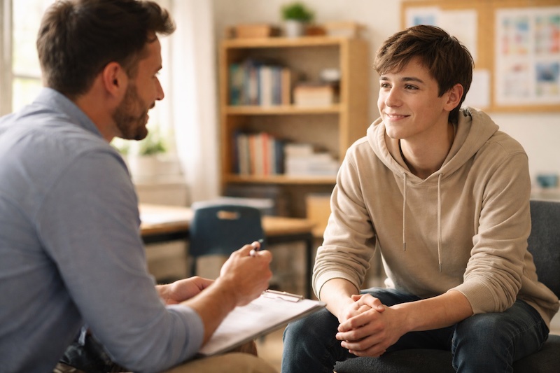 jeune-discussion-intervenant-ecole Jeune personne en discussion avec un intervenant dans un bureau d’école, ambiance chaleureuse et bienveillante, illustrant le soutien offert aux jeunes proches aidants au Québec.