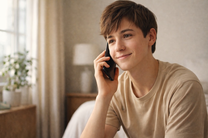 jeune-proche-aidant-telephone-soutien Jeune proche aidant parlant au téléphone avec un léger sourire, assis dans un environnement calme et lumineux, symbolisant l’accès à une ressource de soutien au Québec.
