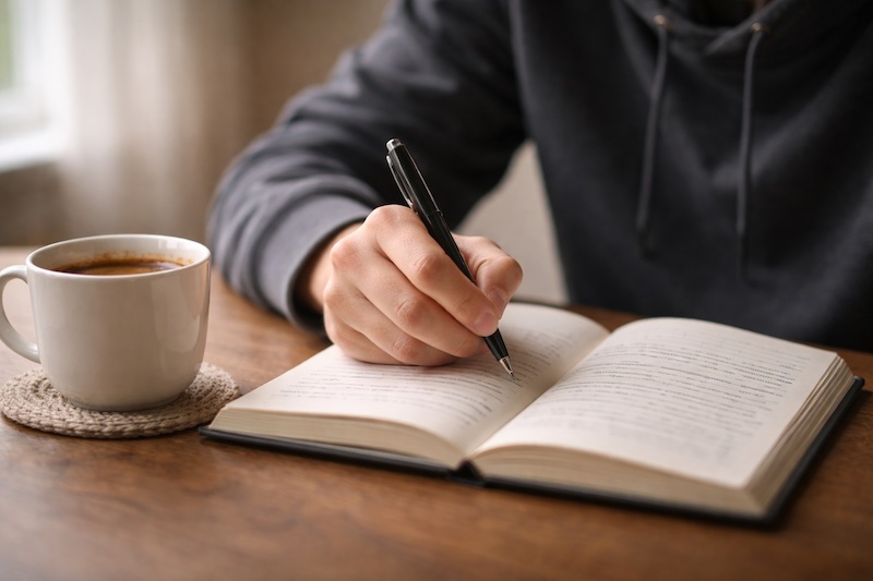 journal-reflexion-jeune-aidant Main écrivant dans un journal posé sur une table, tasse de café à proximité, lumière douce et ambiance calme illustrant la réflexion personnelle comme outil de gestion émotionnelle chez un jeune proche aidant.