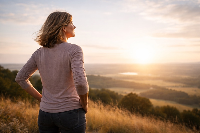 Personne regardant l’horizon avec détermination, symbolisant le parcours de vie avec la sclérose en plaques et la capacité d’avancer malgré les défis.