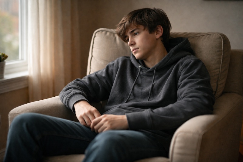 poids-emotionnel-jeune-aidant Jeune proche aidant assis dans un fauteuil, regard dans le vide, expression fatiguée mais réfléchie, lumière tamisée créant une ambiance douce et introspective.