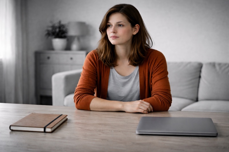 Femme assise à une table avec deux objets différents posés devant elle, regard posé vers l’avant, environnement en noir et blanc.