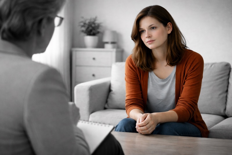 Femme assise face à une autre personne dans un bureau sobre, environnement en noir et blanc.