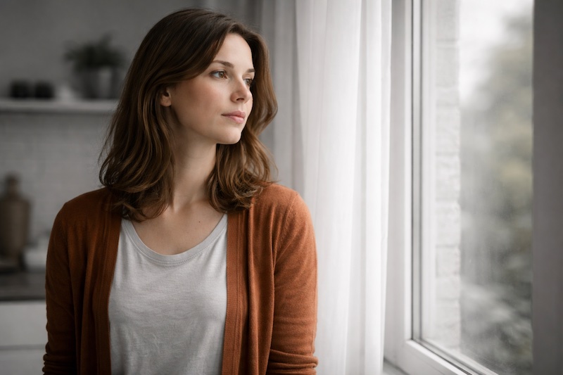 Femme debout près d’une fenêtre, regard tourné vers l’extérieur, dans un intérieur sobre.