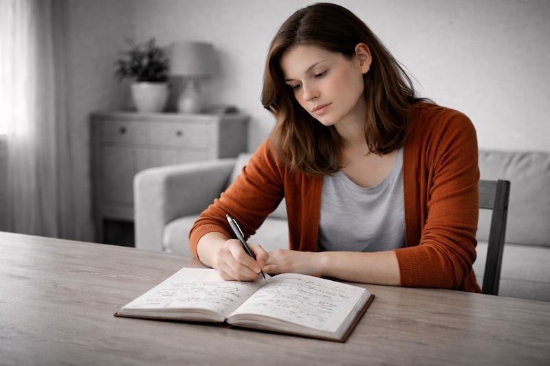 Femme assise à une table avec un cahier journal ouvert devant elle, environnement intérieur en noir et blanc.