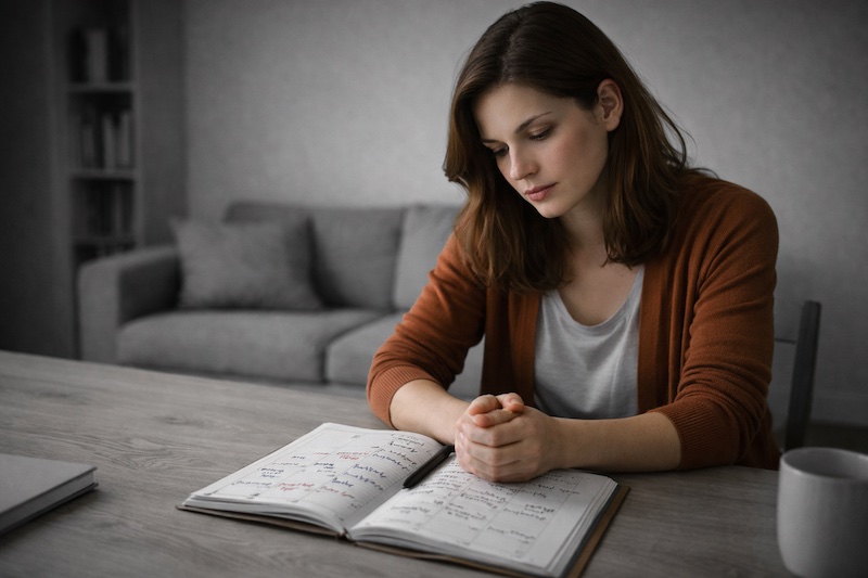Femme assise à une table avec un journal ouvert devant elle, pages annotées, environnement intérieur en noir et blanc.