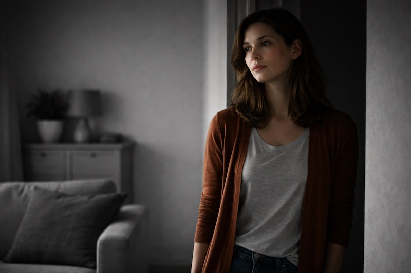 Femme debout dans une pièce faiblement éclairée, partiellement dans l’ombre, environnement intérieur en noir et blanc.