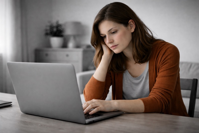 Femme assise devant un ordinateur portable, posture légèrement inclinée vers l’avant, environnement intérieur en noir et blanc.
