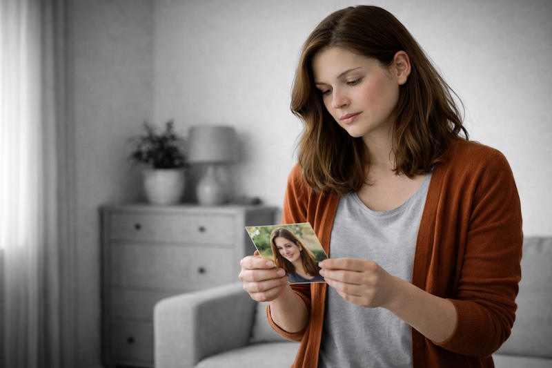Femme debout dans un intérieur sobre, tenant une photographie d’elle plus jeune, environnement en noir et blanc.