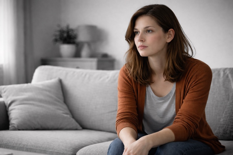 Femme assise dans un intérieur sobre, regard dirigé devant elle sans point focal visible, environnement en noir et blanc.