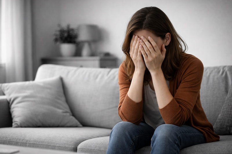 Femme assise dans un intérieur sobre, les mains posées contre son visage, environnement en noir et blanc.