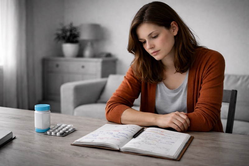 Femme assise à une table avec un calendrier ouvert et une boîte de médicaments posée devant elle, environnement en noir et blanc.