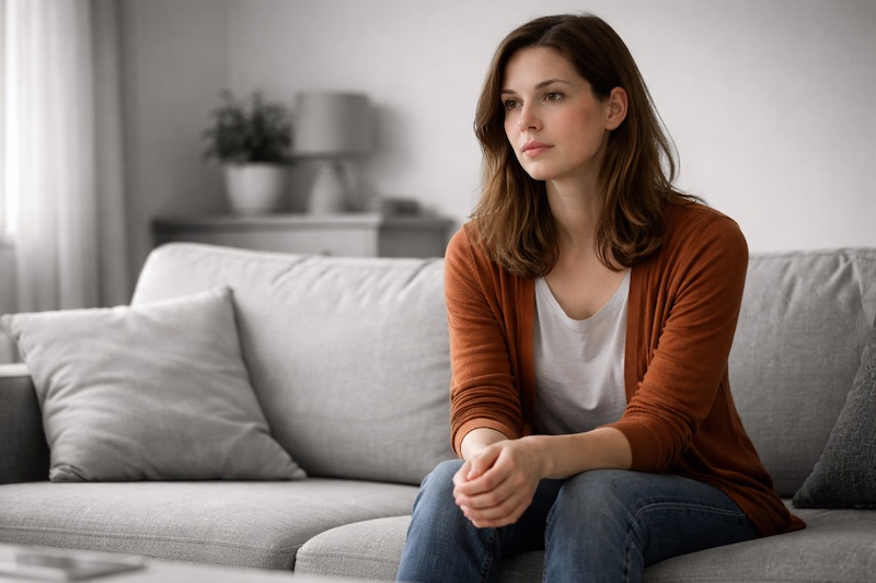 Femme assise seule dans un salon sobre, regard posé devant elle, dans un environnement intérieur en noir et blanc.