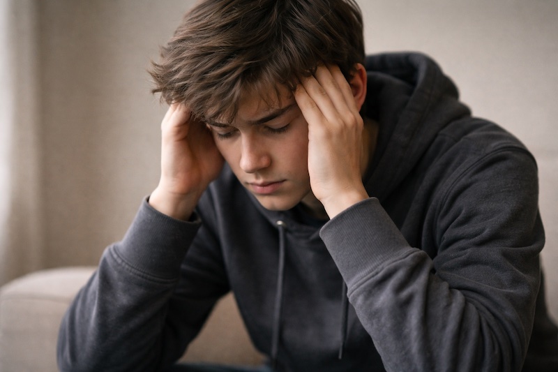 surcharge-mentale-jeune-aidant Jeune proche aidant tenant ses tempes entre ses mains, posture fermée et tendue, fond neutre et ambiance sobre illustrant la surcharge mentale et l’impact physique du stress émotionnel chronique.