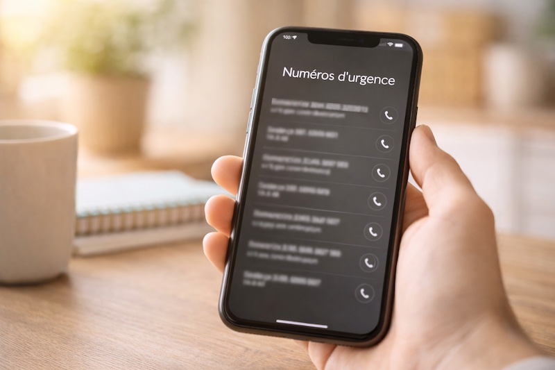 telephone-numeros-urgence-soutien Téléphone intelligent affichant des numéros d’urgence à l’écran, posé dans un environnement calme et lumineux, symbolisant l’accès rapide à de l’aide pour les jeunes proches aidants au Québec.