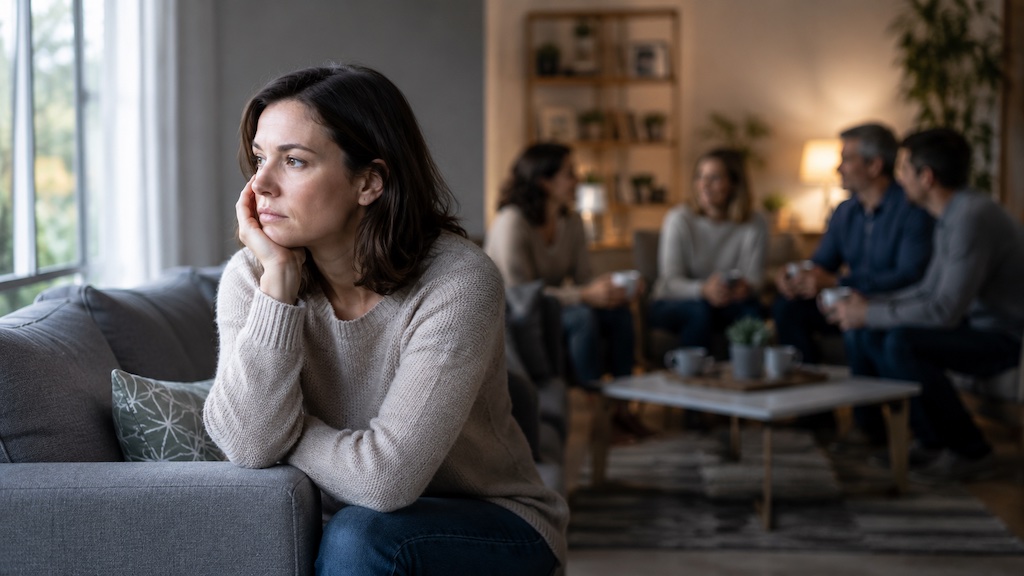Femme assise à l’écart pendant qu’un groupe discute en arrière -plan, illustrant l’isolement émotionnel vécu par certaines personnes atteintes de sclérose en plaques.