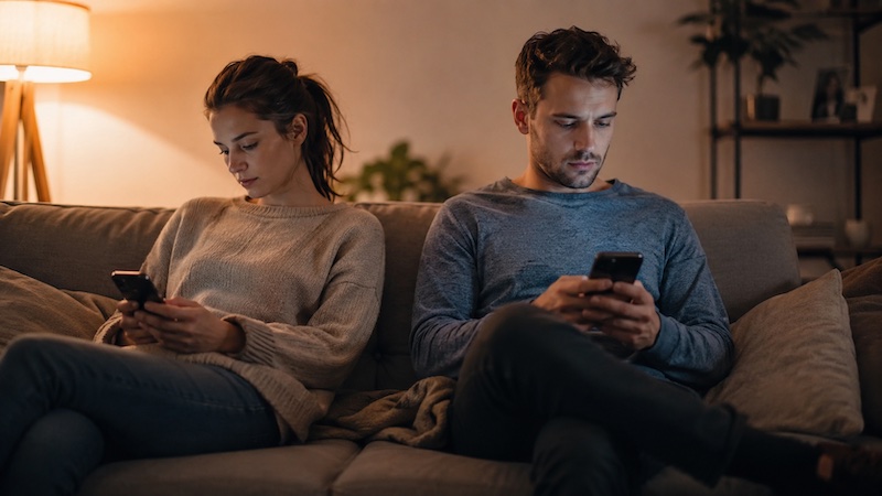 distance-emotionnelle-couple-sp Deux personnes assises côte à côte sur un canapé, chacune regardant son téléphone, illustrant l’isolement émotionnel dans un couple confronté à la sclérose en plaques.
