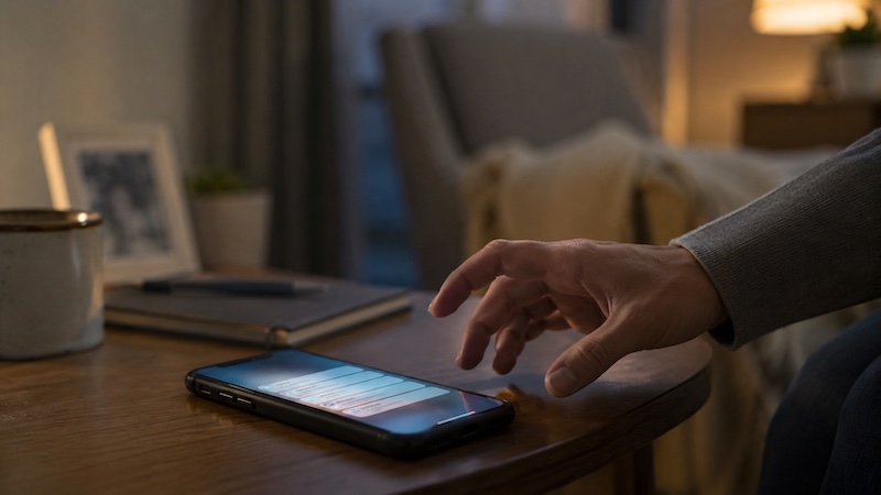 telephone-isolement-emotionnel-sp Téléphone posé sur une table avec des notifications visibles, tandis qu’une main hésite à répondre, illustrant la difficulté à communiquer l’expérience de la sclérose en plaques à ses proches.